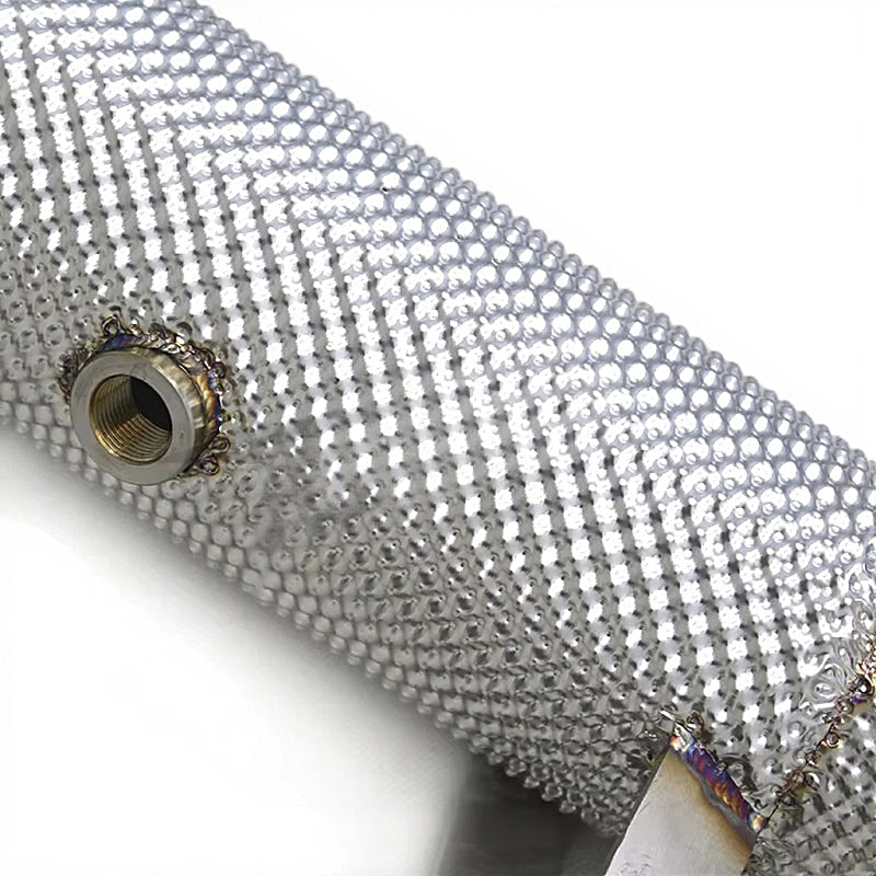 Close-up of a silver mesh roll with decorative elements on a white background