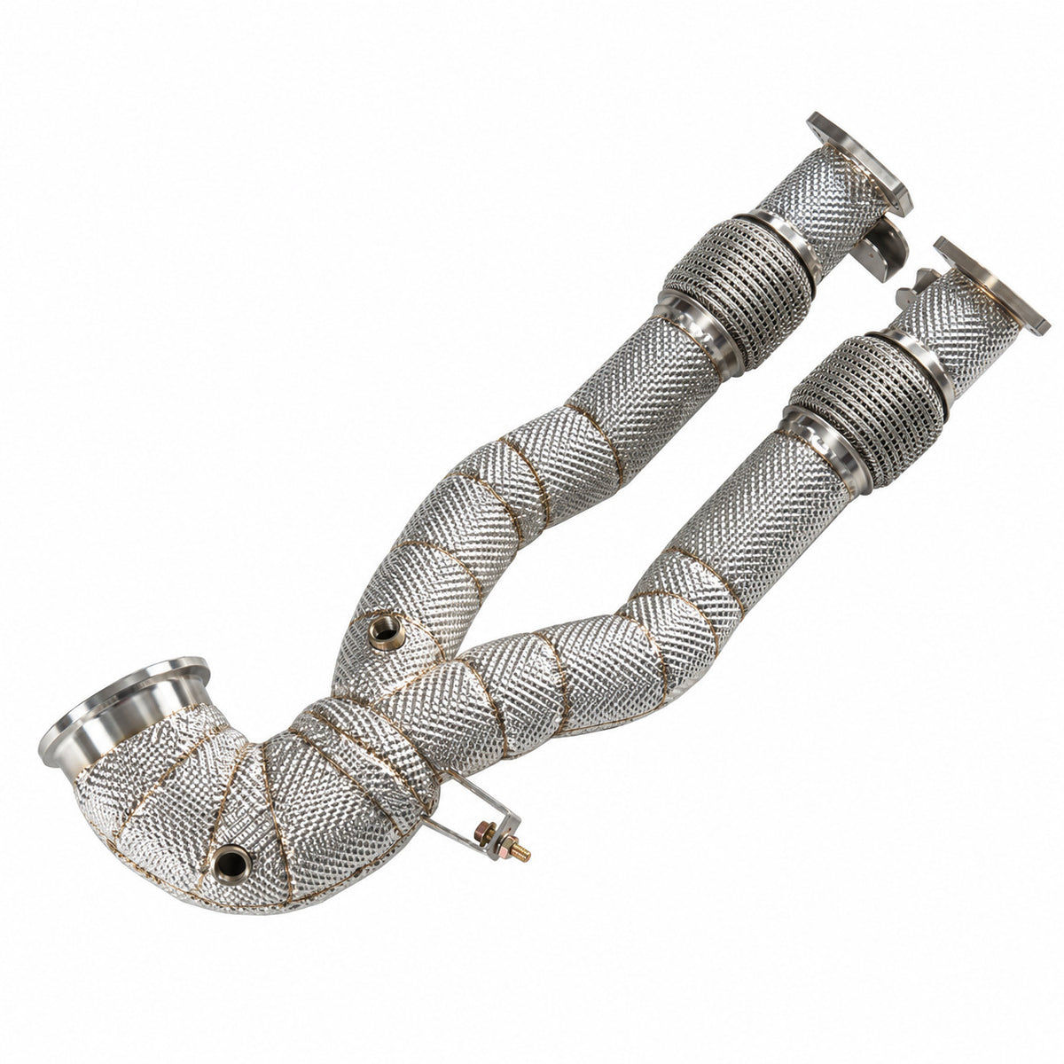 WSTN Performance Audi TT RS 8S DAZA catless downpipe, full view with the V-band turbo elbow in front, flanges behind