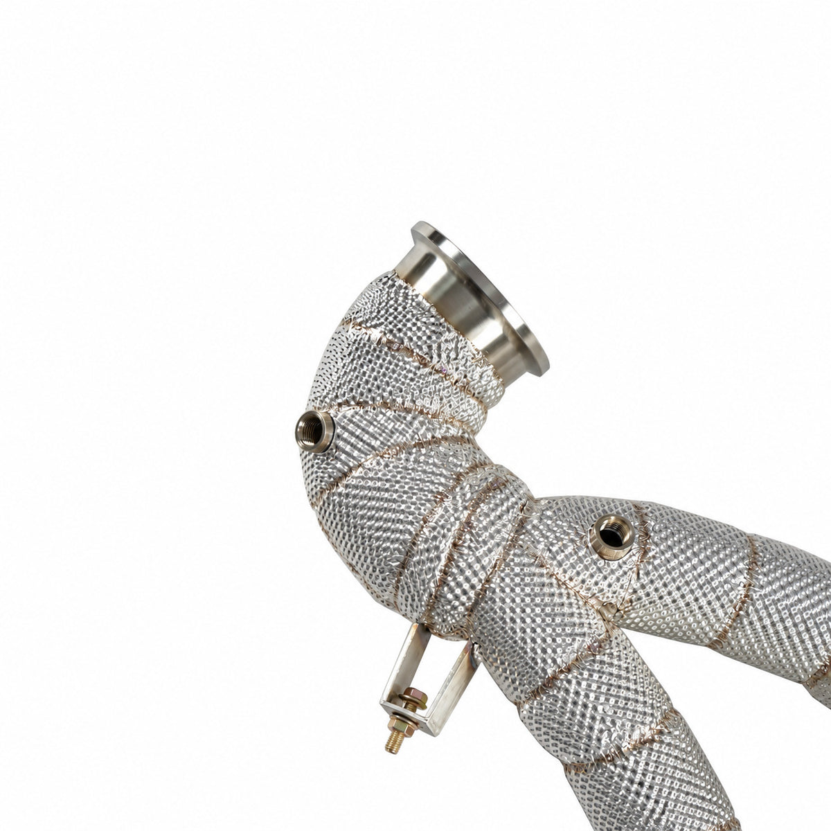 WSTN Performance Audi RS3 8V DAZA catless downpipe, close-up of the V-band turbo elbow, sensor bungs and bracket
