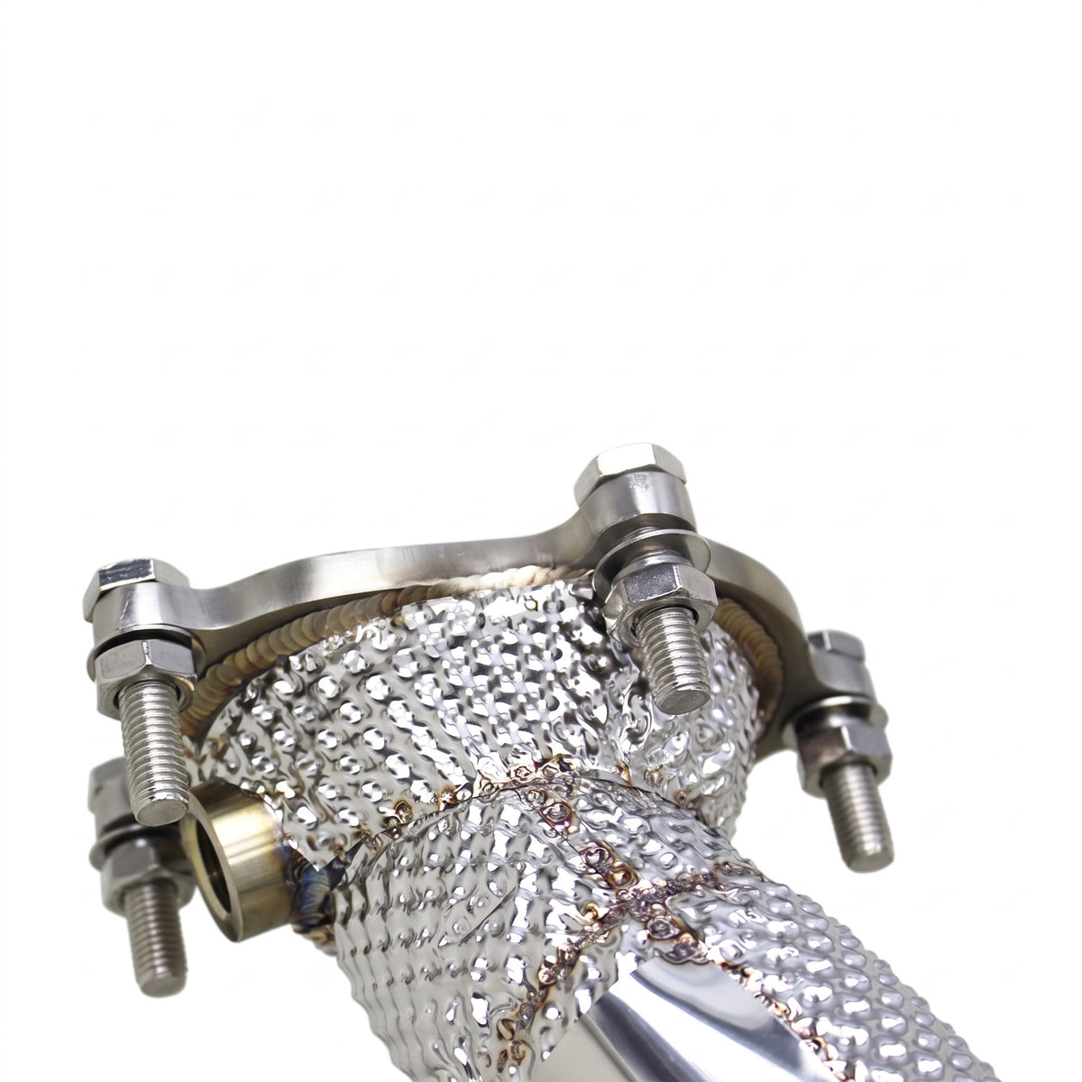 WSTN Performance Audi S7 C7 EA824 catless downpipe, close-up of the turbo flange studs and oxygen sensor bung