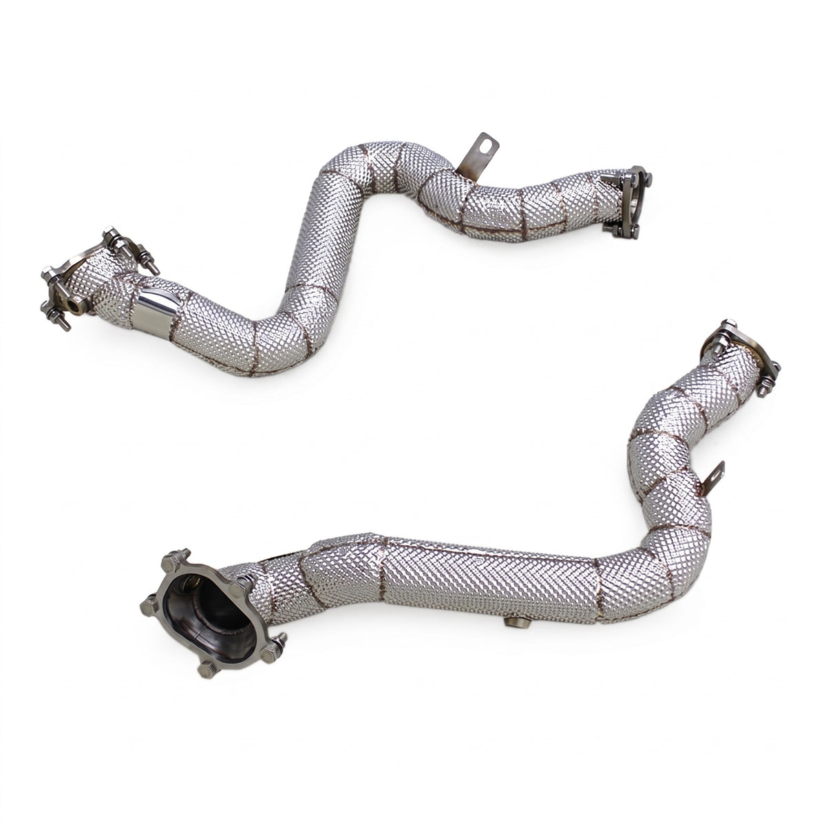 WSTN Performance Audi RS7 C7 EA824 catless downpipes, second full view showing the 5-bolt turbo flange and mounting tabs