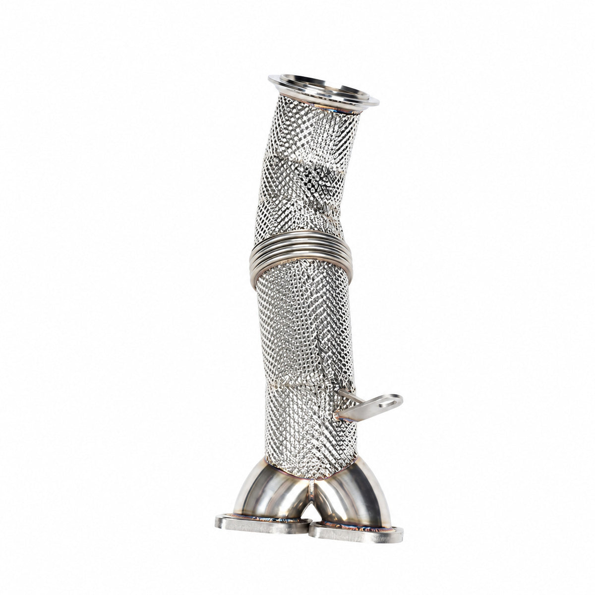 WSTN Performance BMW 135i E8X N55 catless downpipe upright, V-band turbo end on top and twin 2-bolt flanges below