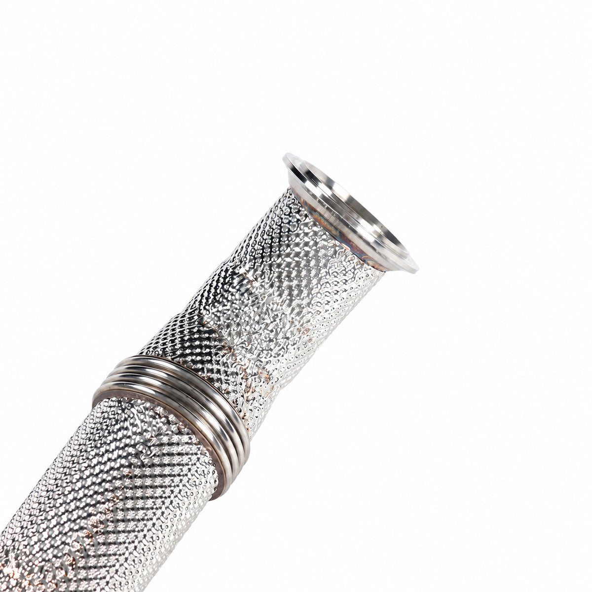 WSTN Performance BMW X1 E84 N55 catless downpipe, close-up of the V-band turbo end, heat shielding and ribbed band
