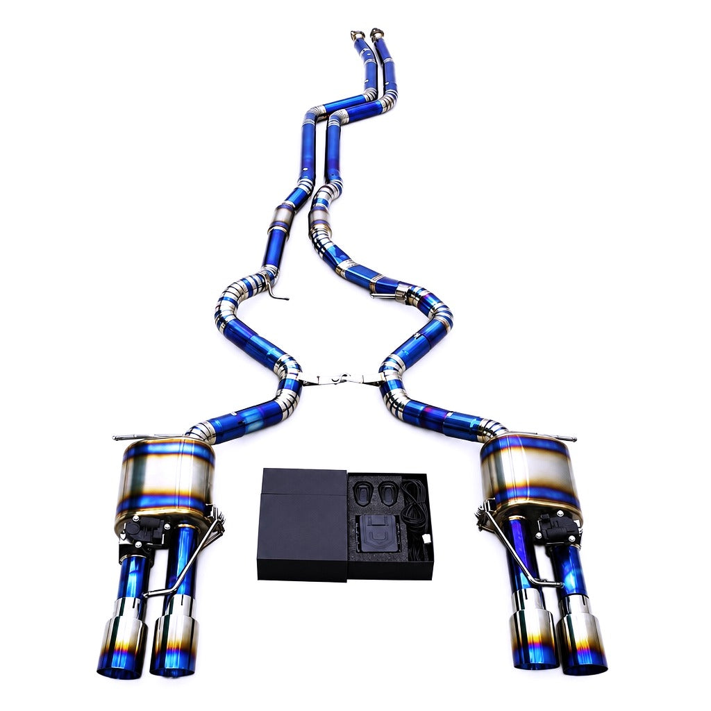 WSTN Performance BMW 335i E92 N54 catback exhaust, side profile showing pipe and muffler section