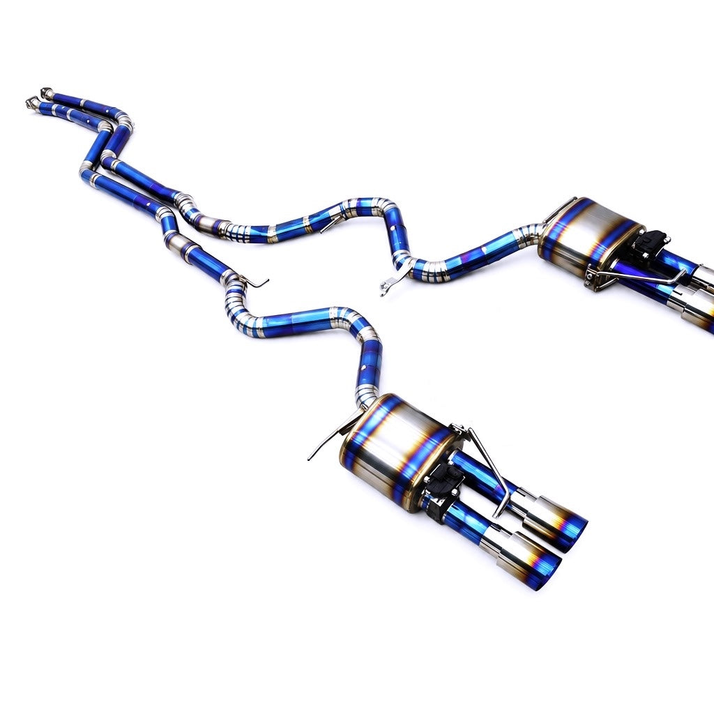 WSTN Performance BMW 335i E93 N54 N55 valved catback, rear view showing dual tip exit