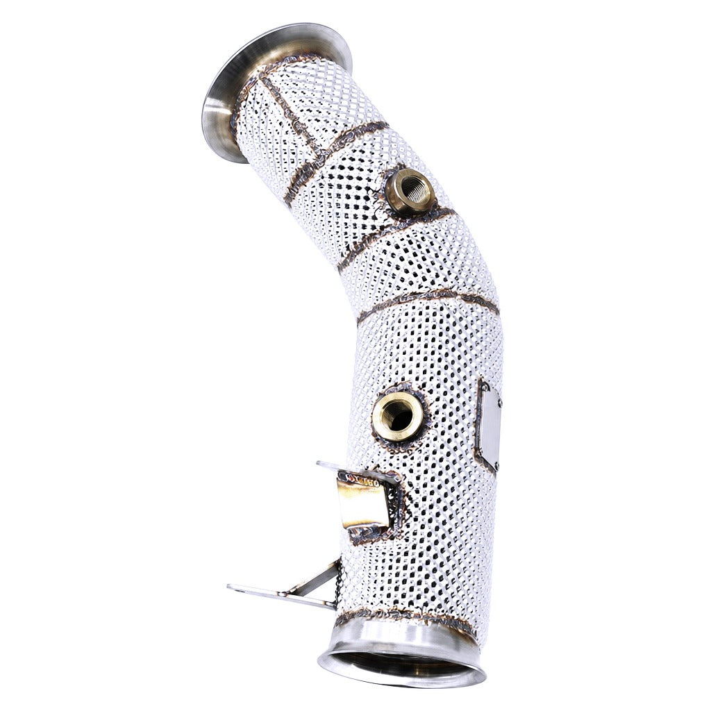 WSTN Performance BMW 335i N55 F30 Catless Heat Shield Downpipe, dual O2 sensor bungs and bracket detail