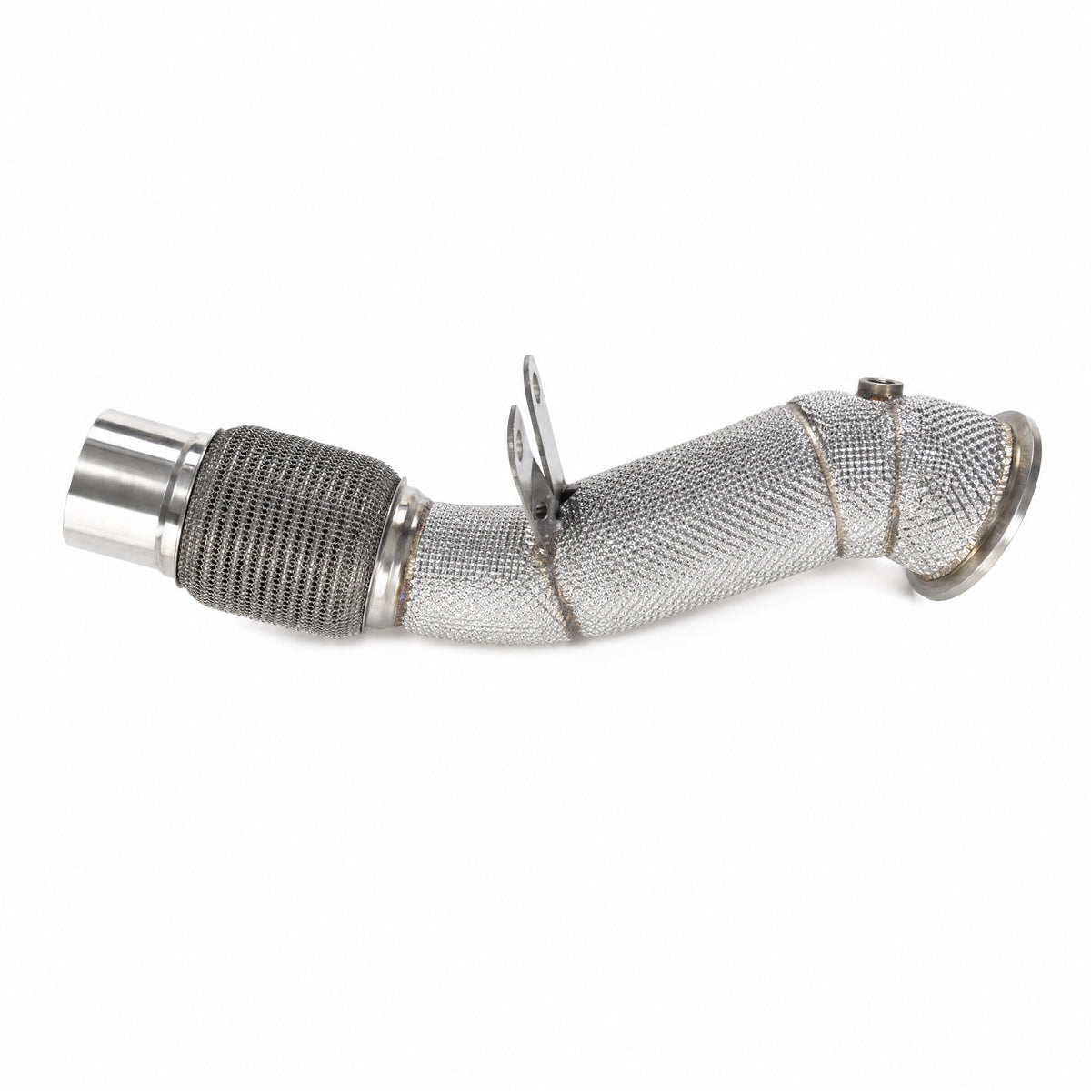WSTN Performance BMW B48 catless downpipe F3X G2X, side profile with turbo side flange and polished outlet