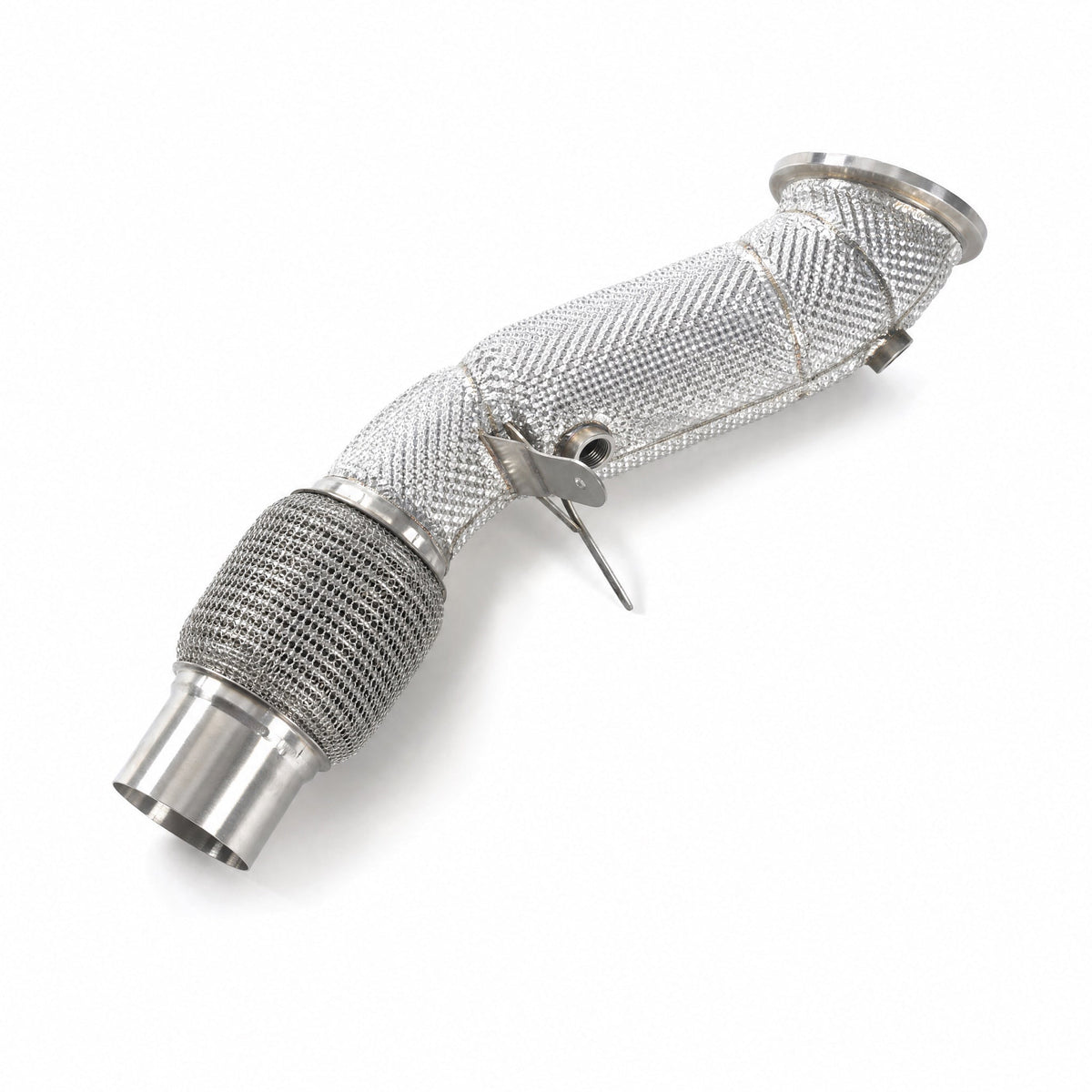 WSTN Performance BMW B48 catless downpipe F3X G2X, three quarter view of the woven heat shielding over the main run
