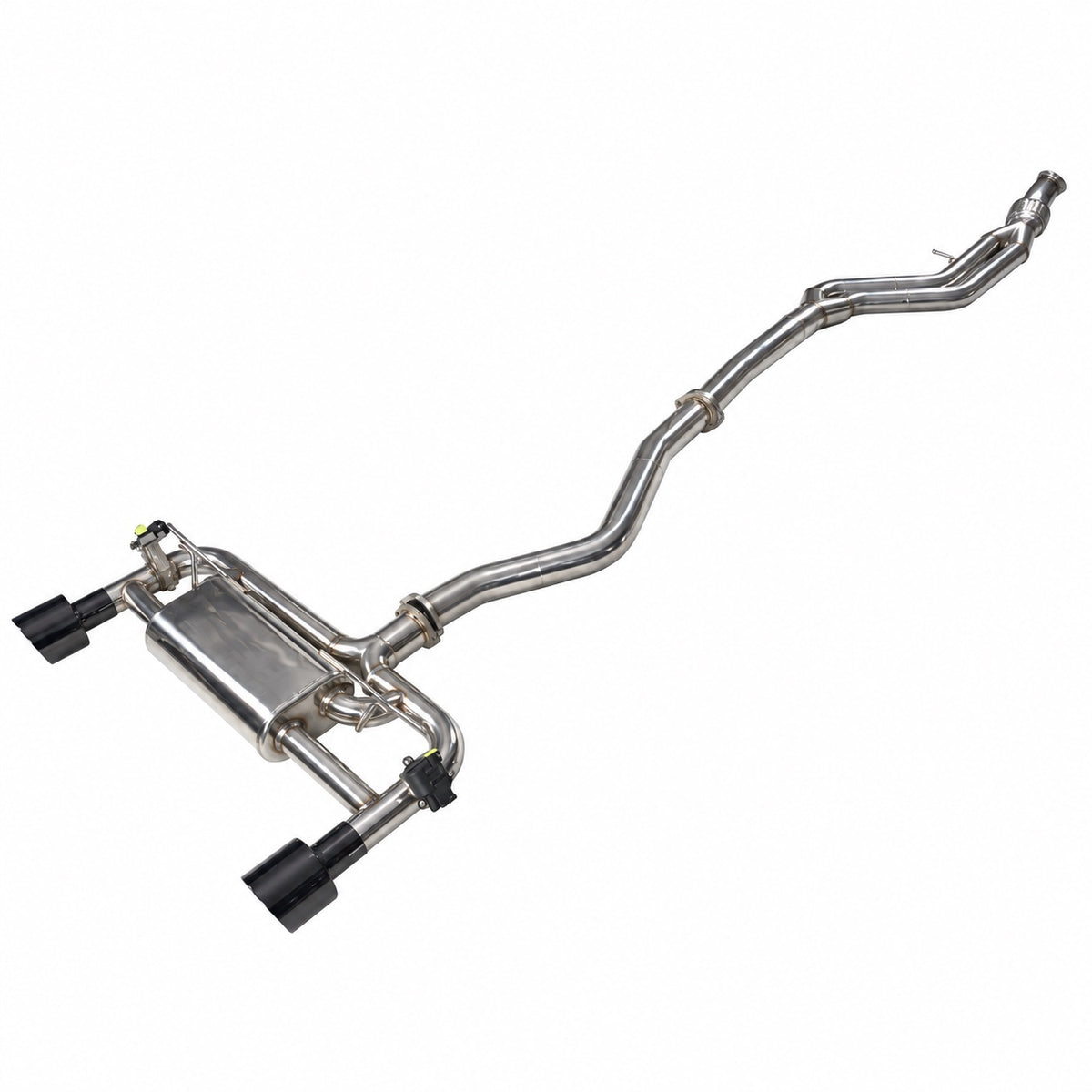 WSTN Performance BMW M135i/M235i N55 F20/F21/F22/F23 valved catback, three-quarter view, front pipe at the right