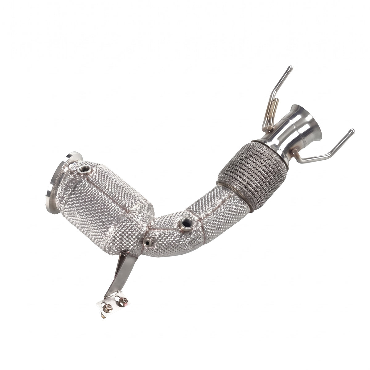 WSTN Performance BMW X2 M35i F39 B48A20 catless downpipe, laid flat side profile showing the mounting bracket