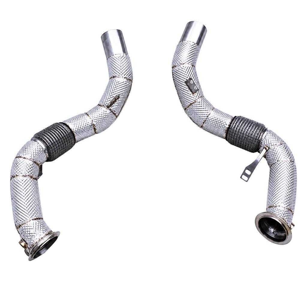 WSTN Performance BMW M550i N63 4.4TT catless downpipes G30, front three-quarter view showing pipe routing
