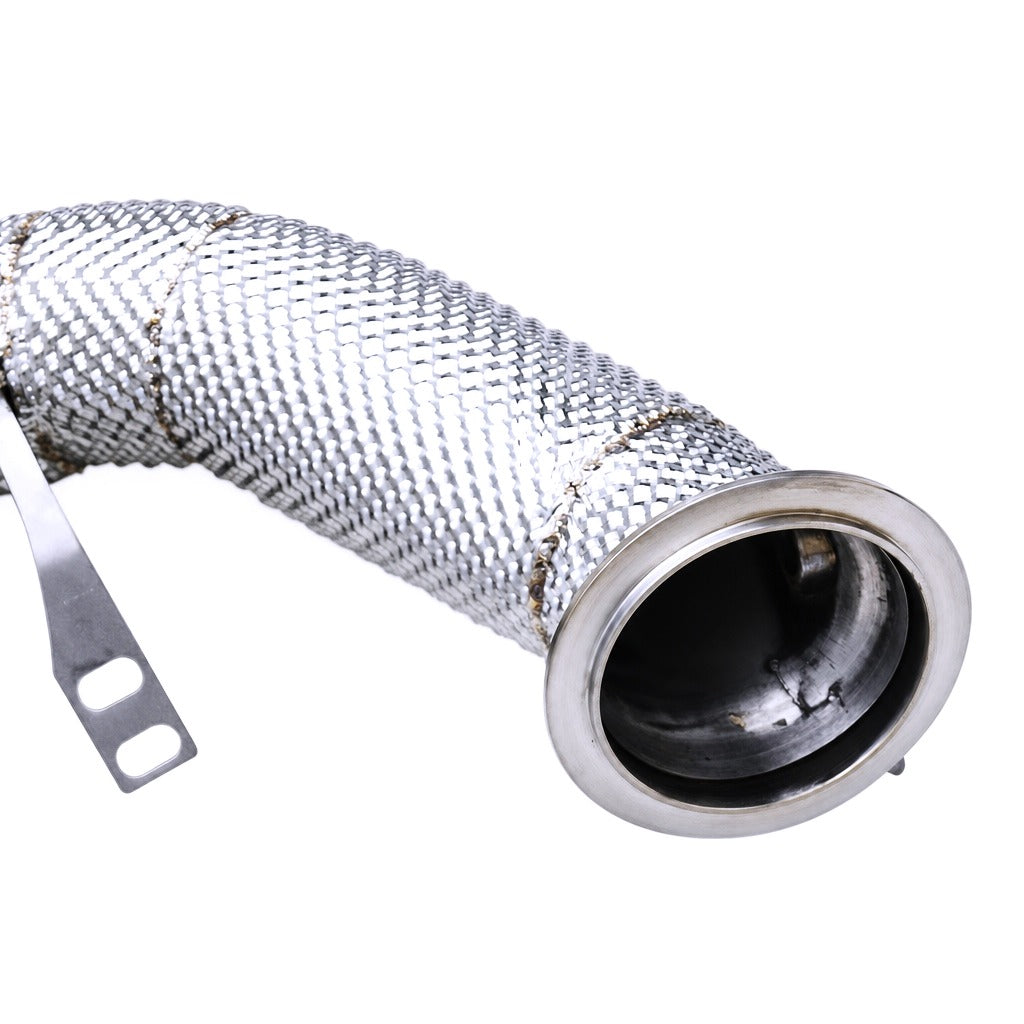 WSTN Performance BMW M550i G30 N63 catless downpipes, side profile showing mandrel bends and T304 construction