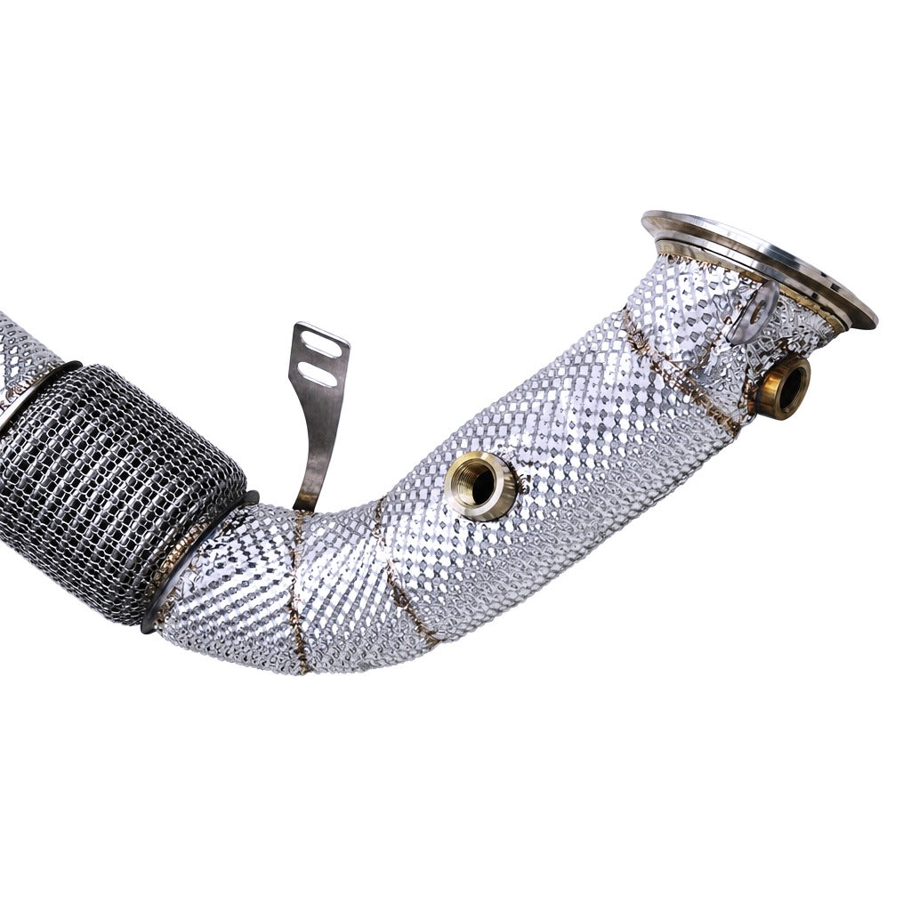 WSTN Performance BMW M550i xDrive N63 4.4TT catless downpipes, pipe and flange detail close-up