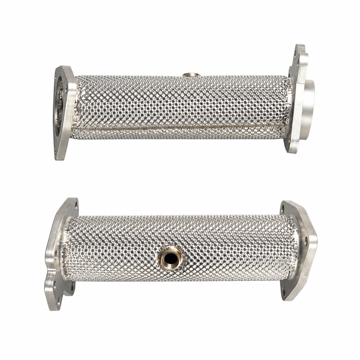 WSTN Performance Corvette C8 LT2 catless downpipes lying flat, side view with the oxygen sensor bung on each pipe