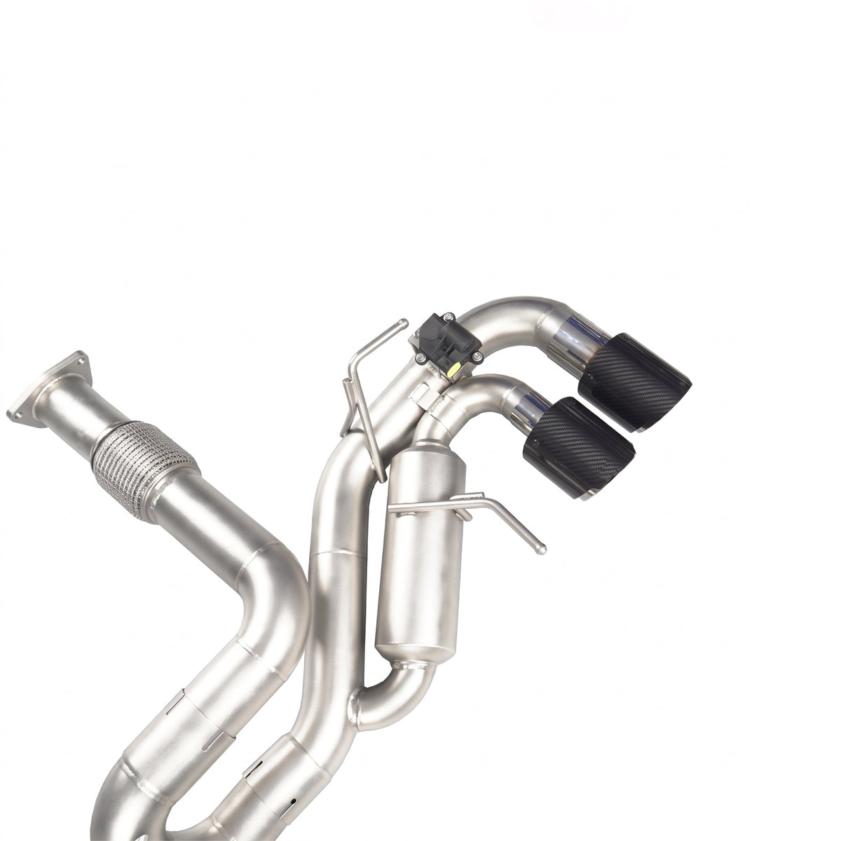 WSTN Performance Corvette C8 LT2 stainless catback close-up, flanged inlet, muffler, valve and twin carbon fibre tips