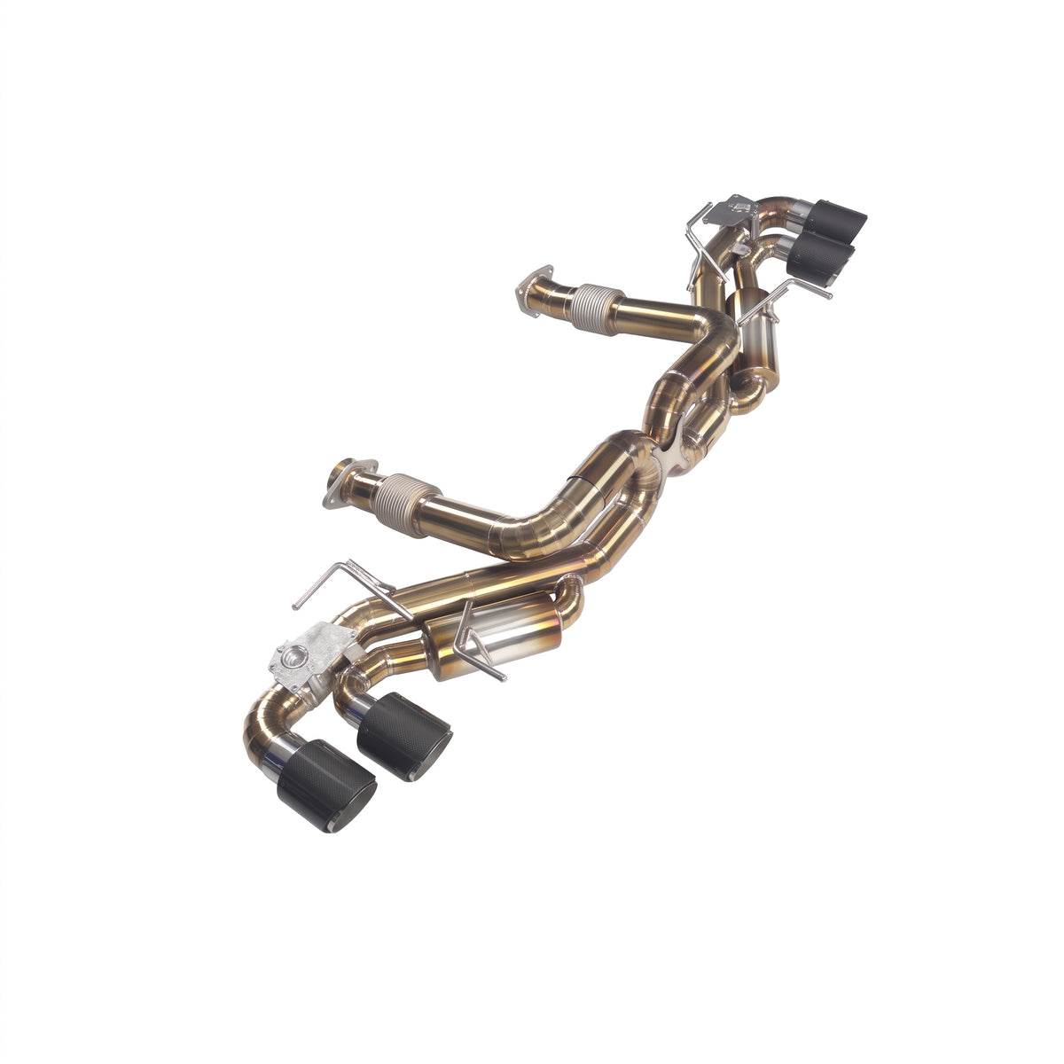 WSTN Performance Corvette Stingray/E-Ray C8 titanium valved catback, angled view with flexed inlets and X crossover