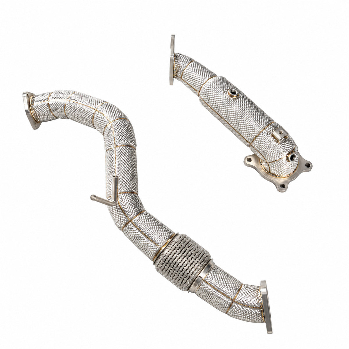 WSTN Performance Civic Type R FL5 K20C1 2.0T catless downpipe set from another angle, heat shielded along both pieces
