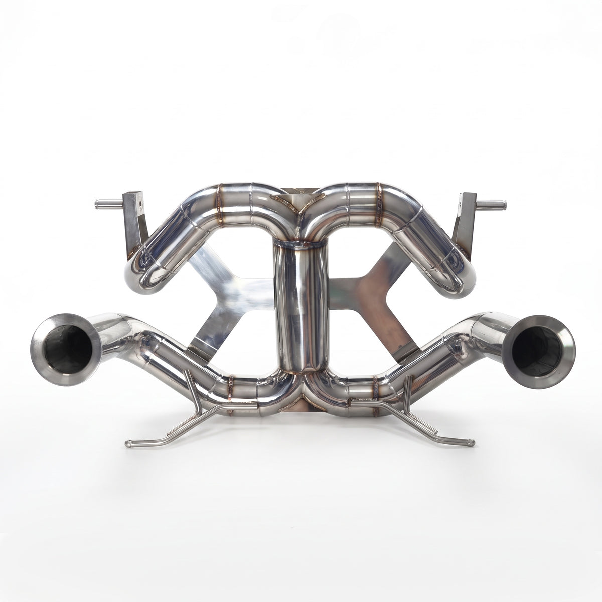 WSTN Performance Aventador SVJ/Ultimae L539 stainless steel catback, rear underside view of both flanged inlets and hangers