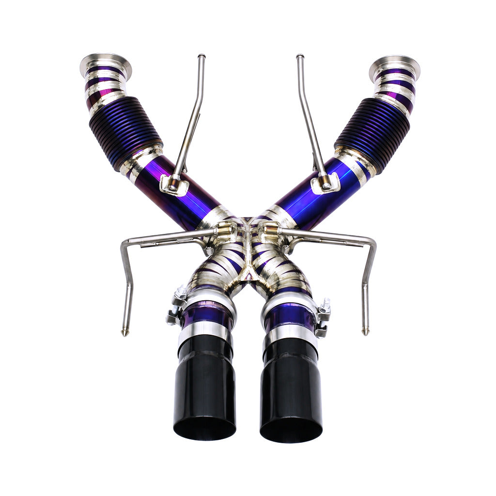 WSTN Performance McLaren 750S M840T 4.0TT Titanium Catback Exhaust — full system overview with purple heat-blued finish