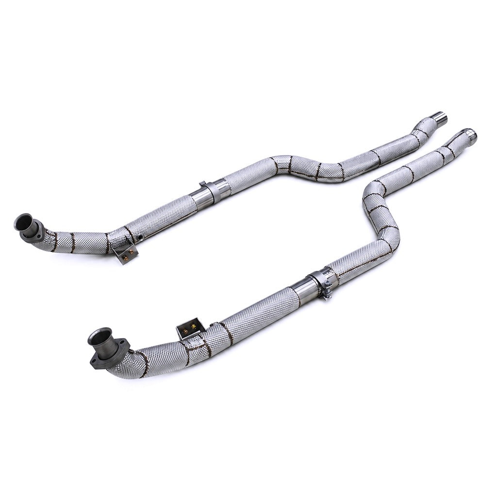 WSTN Performance Mercedes C63 AMG M156 W204 Catless Downpipes — side profile showing overall pipe length and diameter