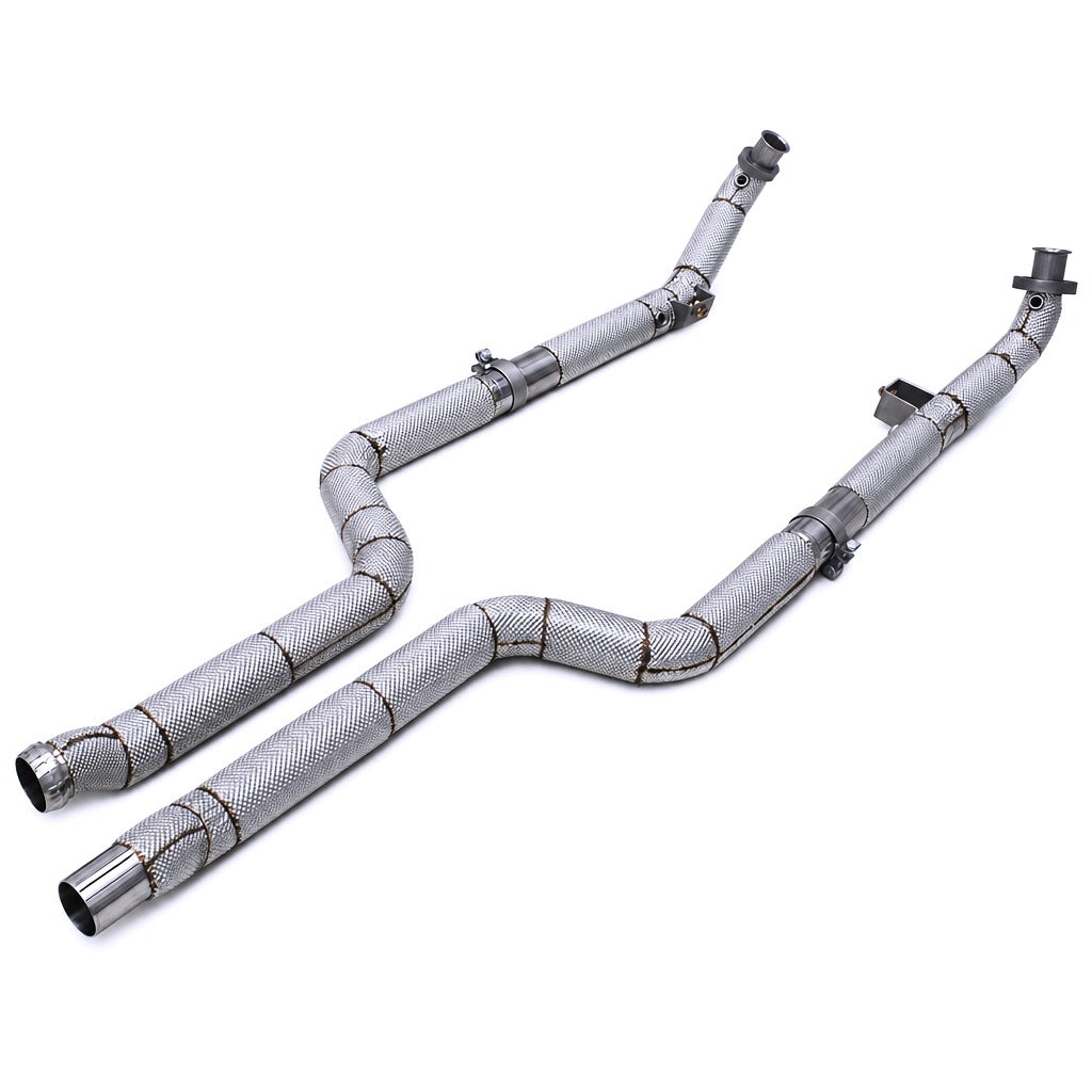 WSTN Performance Mercedes C63 AMG M156 W204 Catless Downpipes — inlet flange close-up showing T304 stainless construction