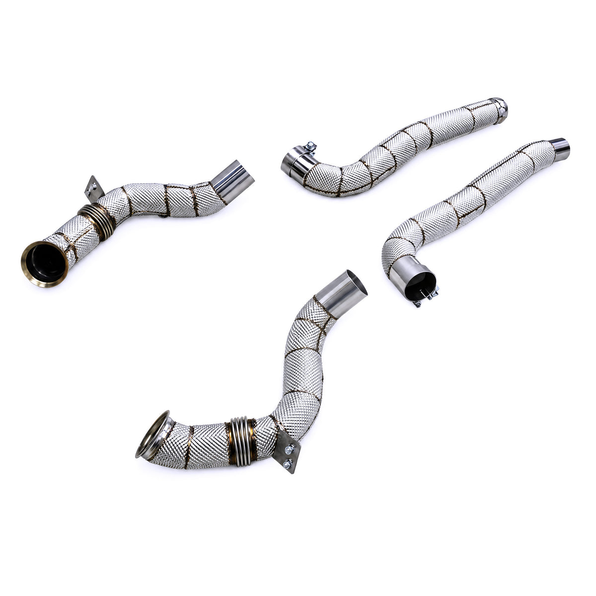 WSTN Performance Mercedes-AMG GT/GTS M178 4.0TT Catless Downpipe C190 — close-up of flange and heat-wrap weave detail