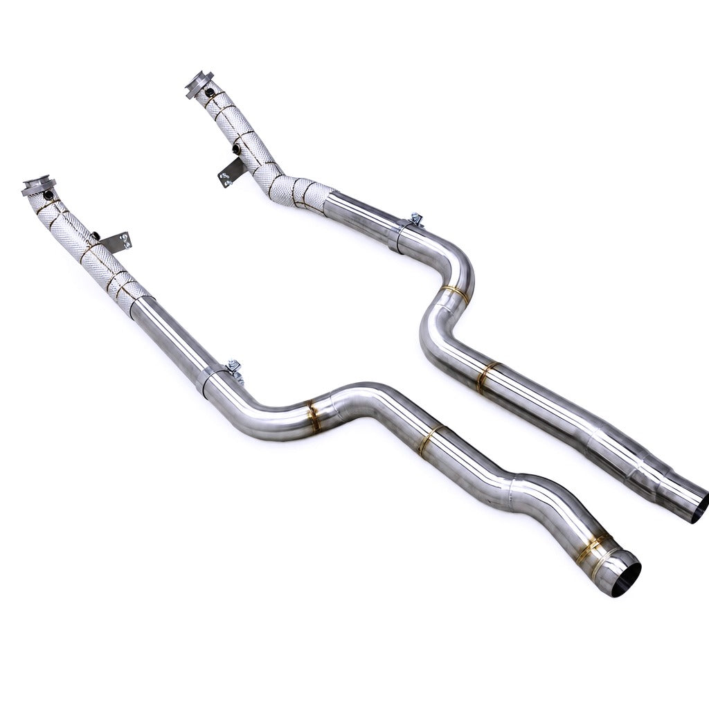 WSTN Performance Mercedes CLS550 M278 catless downpipes, T304 stainless steel pipe section close-up