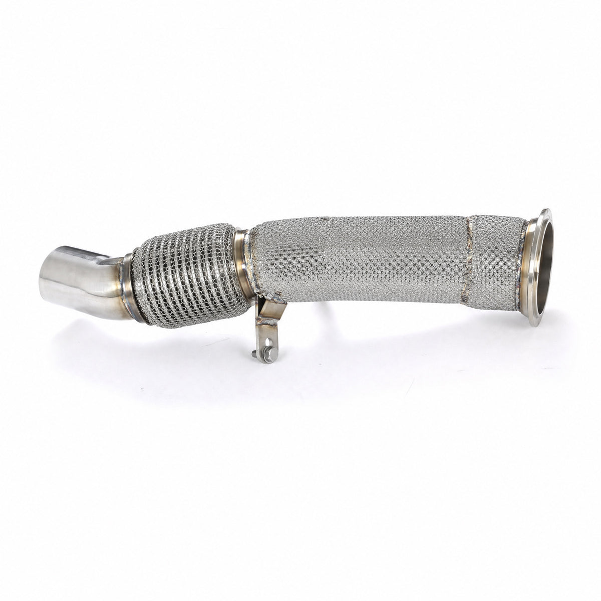 WSTN Performance BMW N20 F30 320i 328i catless downpipe, full view with heat wrap, flange at right