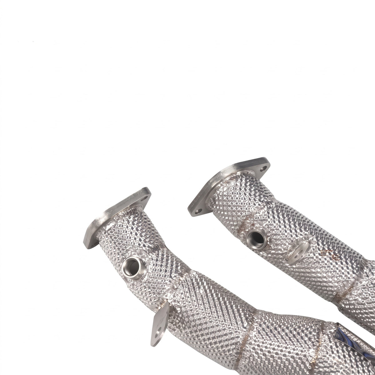 WSTN Performance BMW N54 catless downpipes, heat shield close-up