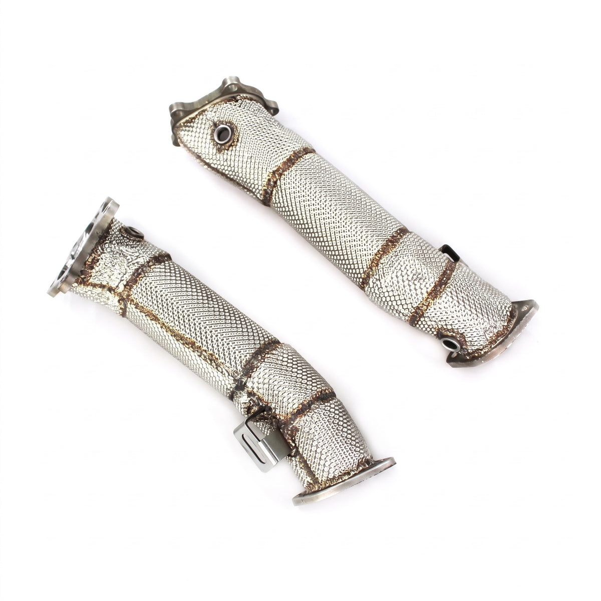 WSTN Performance Nissan GT-R R35 VR38DETT catless downpipes, full pair showing heat shielding, flanges and sensor bungs