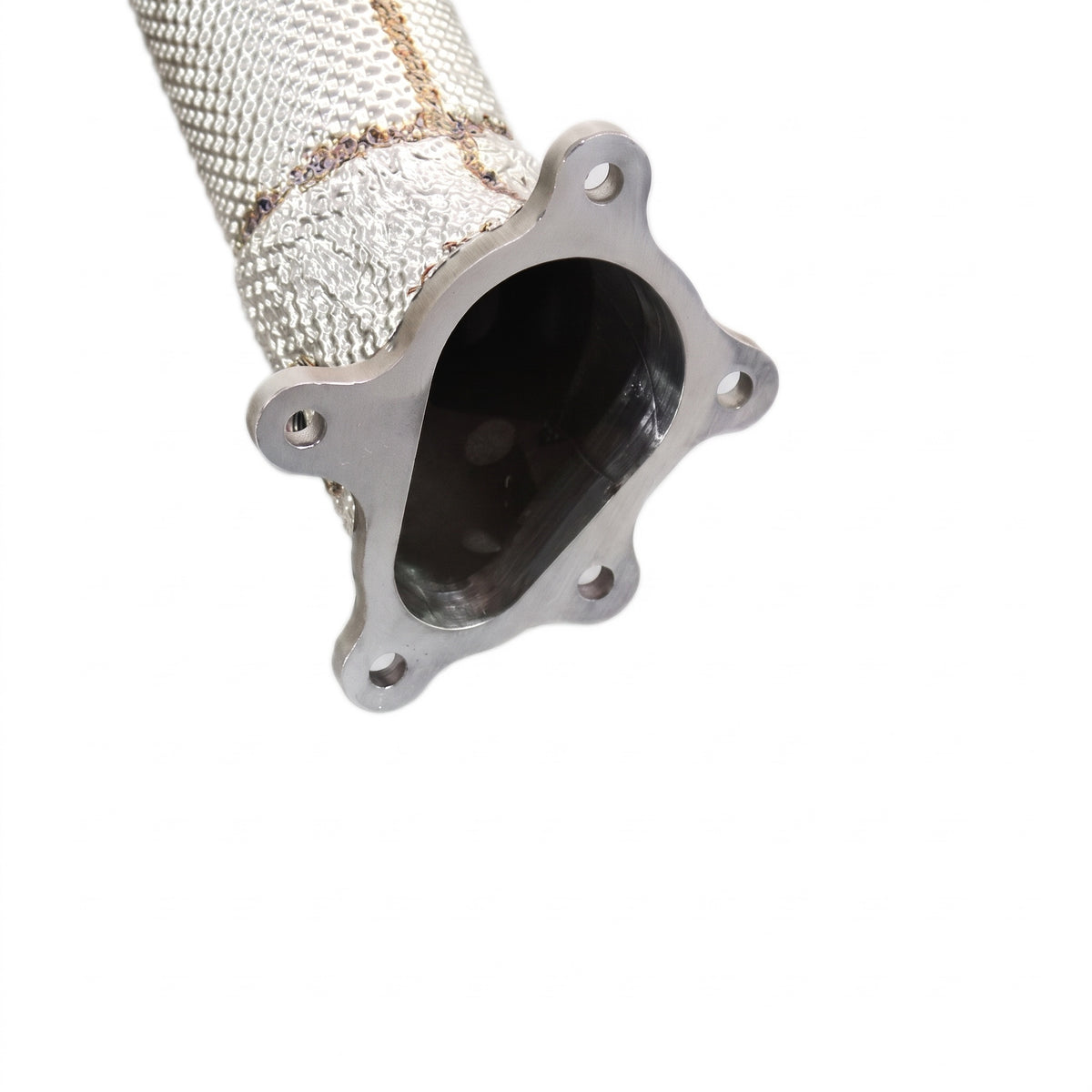 WSTN Performance Nissan GT-R R35 VR38DETT catless downpipe, close-up of the 5-bolt turbo flange and clear bore