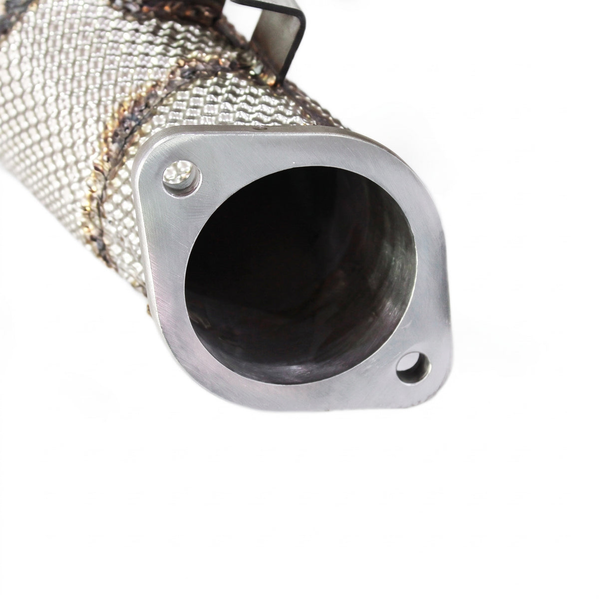 WSTN Performance Nissan GT-R R35 VR38DETT catless downpipe, close-up of the 2-bolt outlet flange end and clear bore
