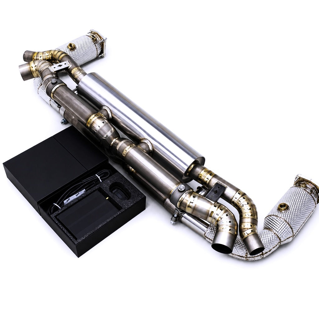 WSTN Performance Porsche 911 Turbo 991.2 9A1 Titanium Catback Exhaust free-flow downpipe section close-up