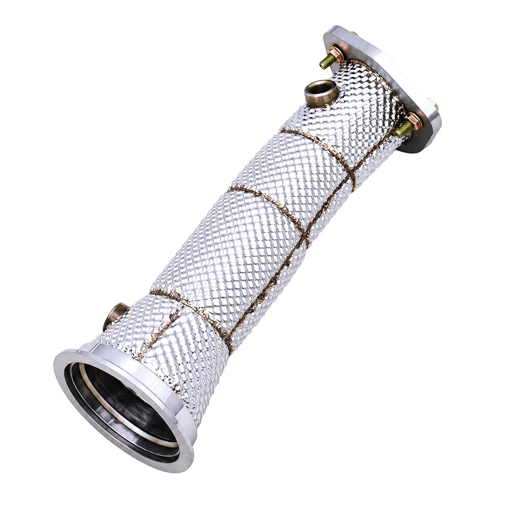 WSTN Performance Porsche Macan 2.0T EA888T 95B Catless Downpipe front three-quarter view of full pipe