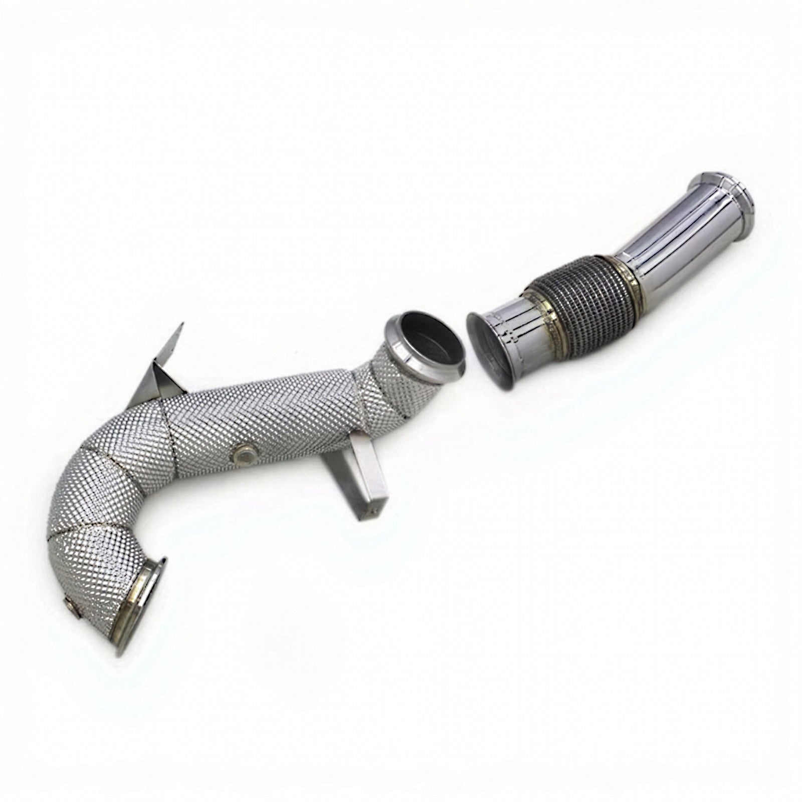 Metallic exhaust pipe with mesh design on a white background