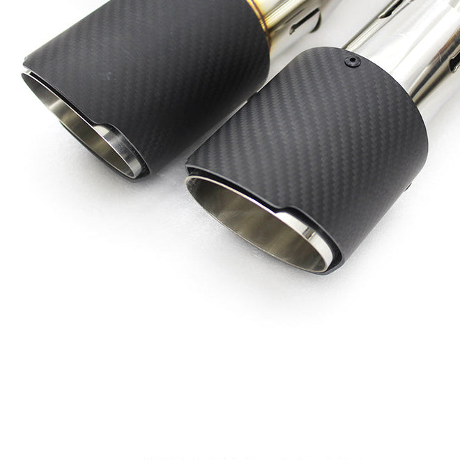 Carbon fiber exhaust tips with chrome finish on a white background