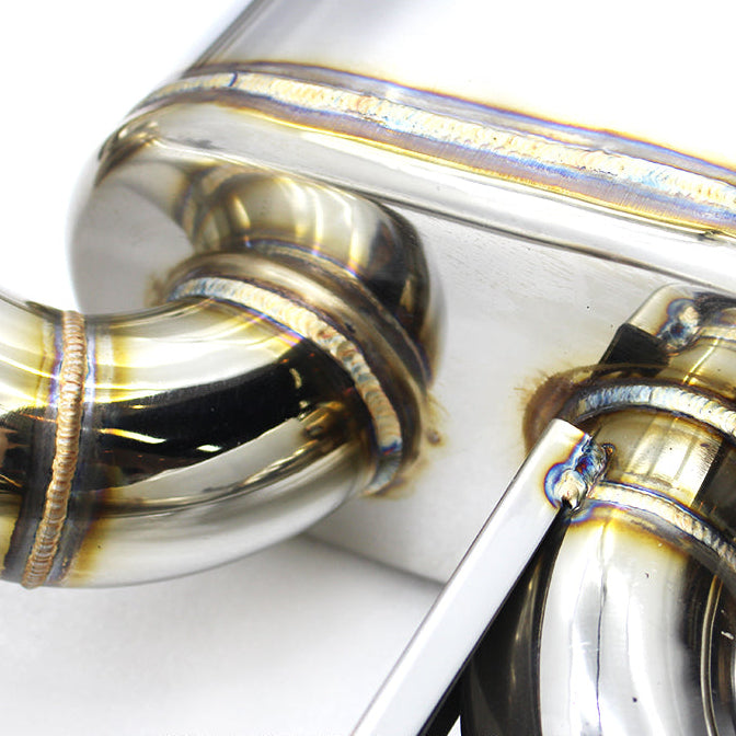 Close-up of a BMW M3 G80 G82 catback exhaust system on a white background.