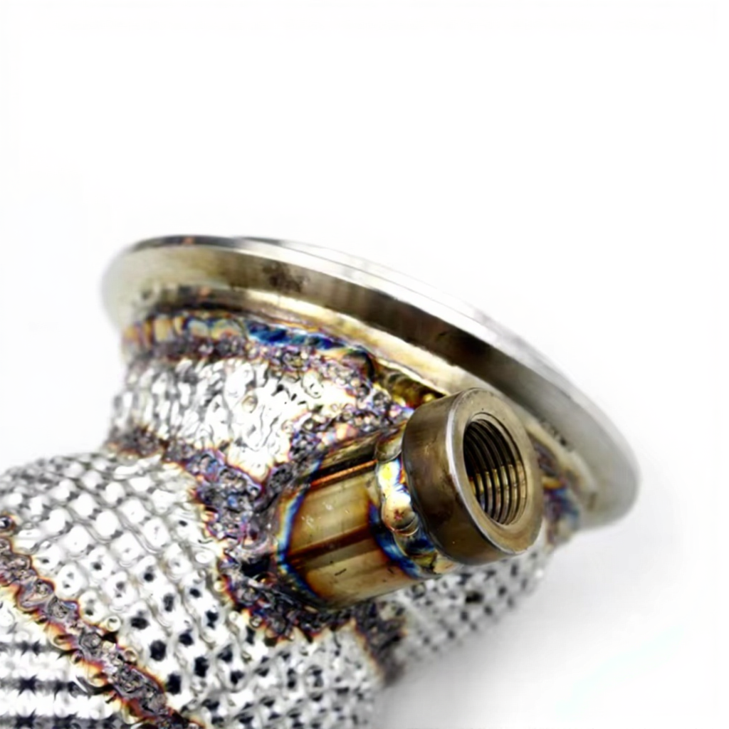 Close-up of a metallic downpipe with intricate design on a white background