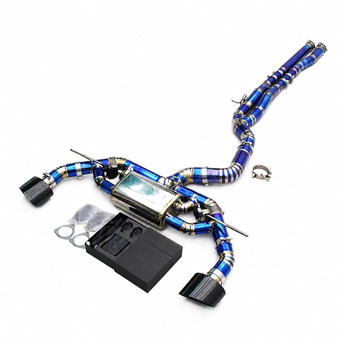 WSTN Performance Audi RS3 8V DAZA/DNWA titanium valved catback, full blue system laid out with black tips and boxed kit