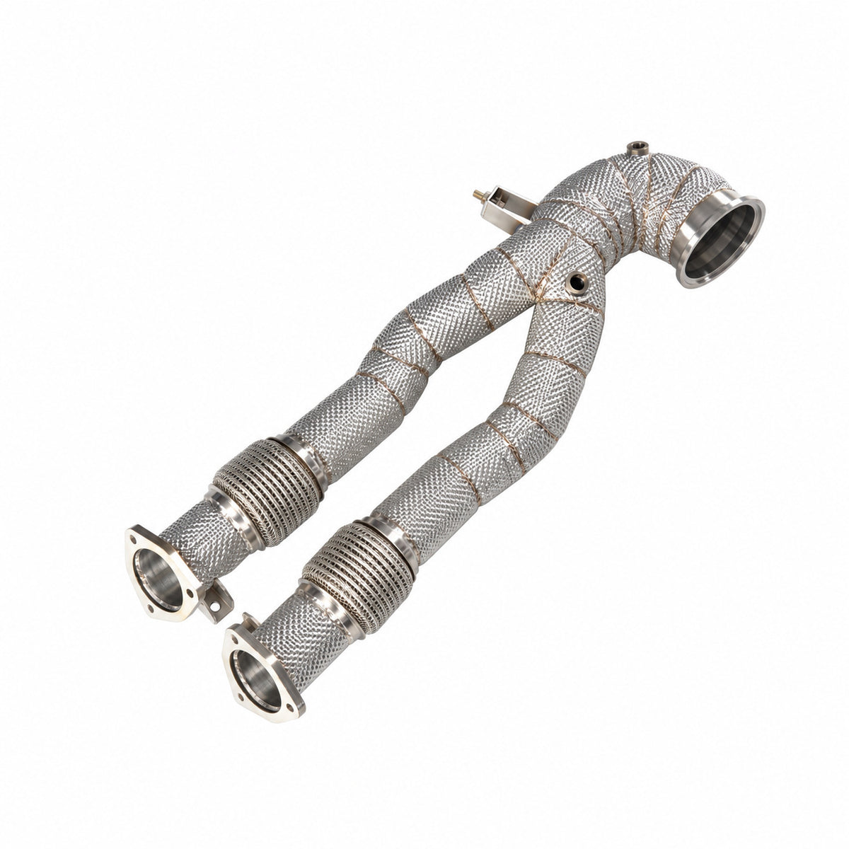WSTN Performance Audi RS3 8V and TT RS 8S DAZA catless downpipe, three-quarter view with heat shielding and flex joints