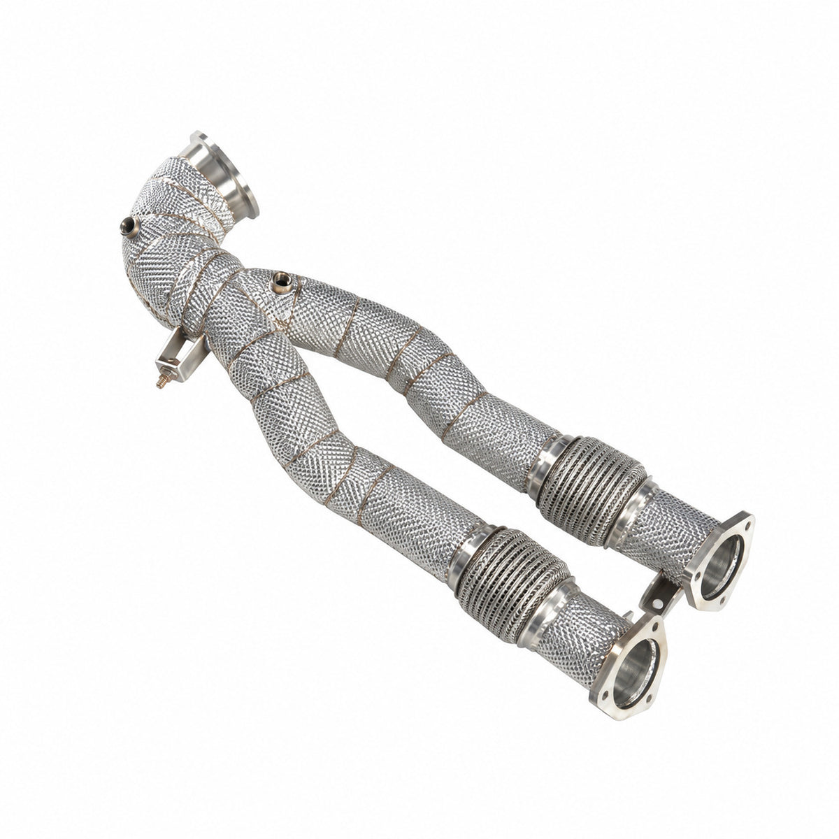 WSTN Performance Audi RS3 8V DAZA 2.5T catless downpipe, full view from the other side showing the Y-split and flanges