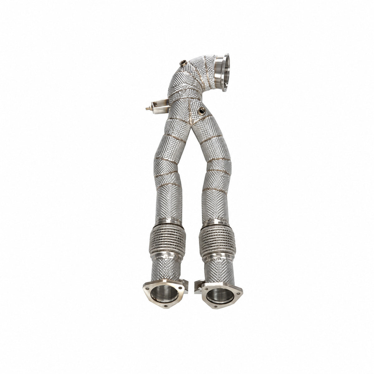 WSTN Performance Audi RS3 8V and TT RS 8S DAZA catless downpipe, straight-on view of the Y layout and twin flex joints