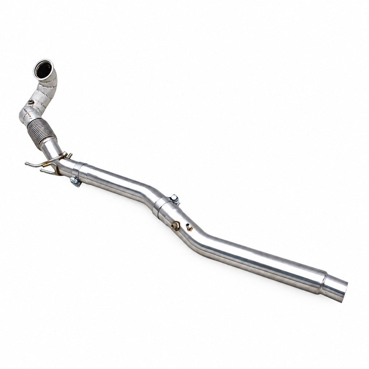 WSTN Performance Audi S3 8Y and VW Golf R MK8.5 EA888 catless downpipe, full view with the heat-shielded turbo-side bend