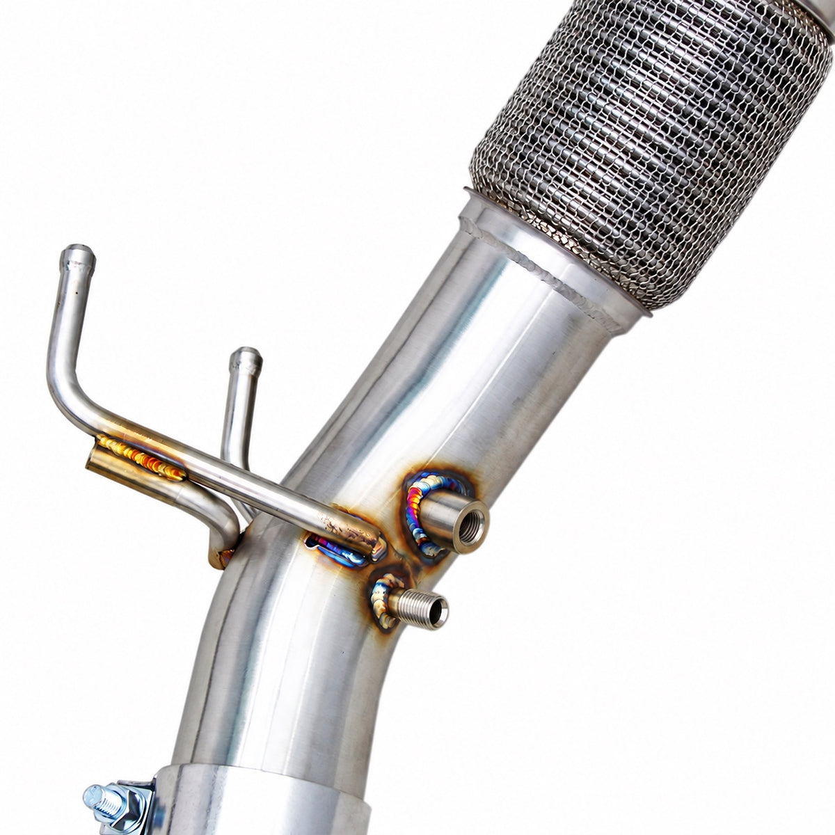 WSTN Performance VW Golf R MK8.5 EA888 catless downpipe, close-up of the flex joint, sensor tubes and sensor bungs