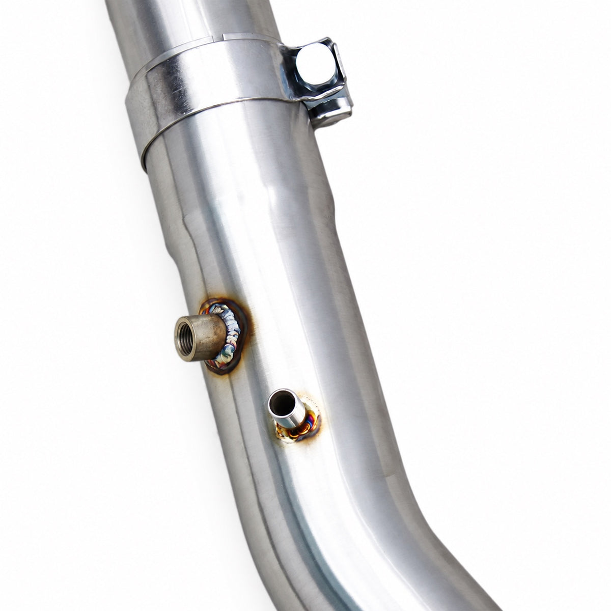 WSTN Performance Audi S3 8Y EA888 catless downpipe, close-up of a band clamp joint and two sensor bungs