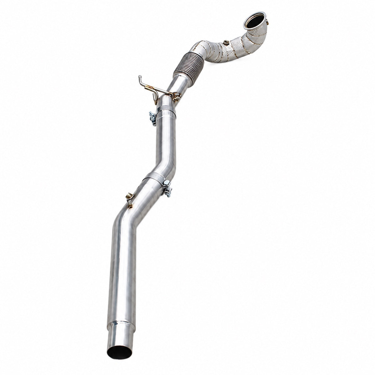 WSTN Performance VW Golf R MK8.5 and Audi S3 8Y EA888 catless downpipe, second full view from the rear outlet end