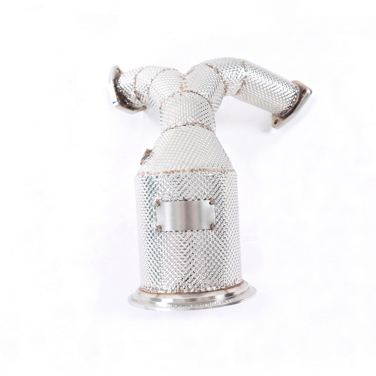 WSTN Performance Audi S4/S5 B9 EA839 3.0T high-flow catted downpipe, front view with heat shielding and V-band flange