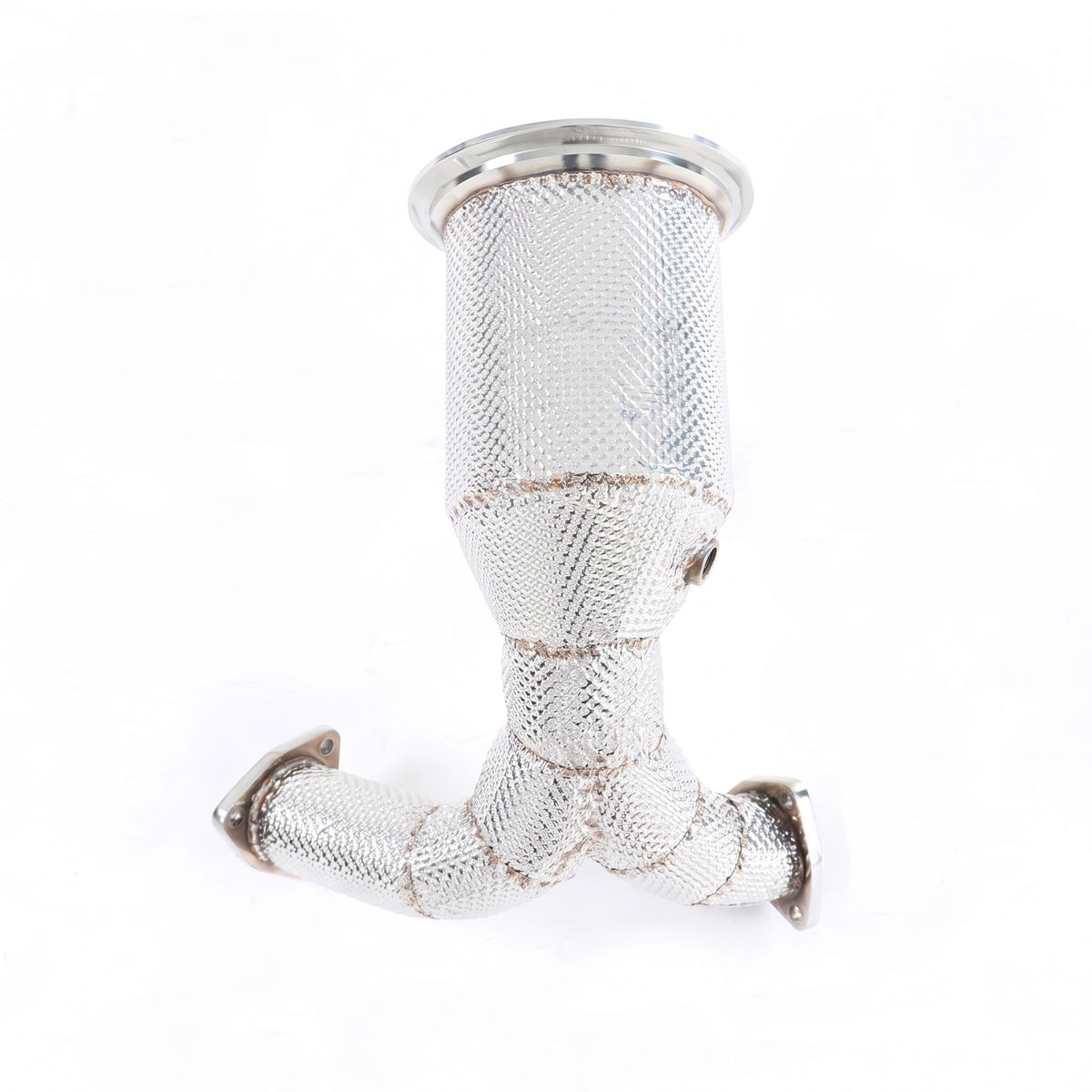 WSTN Performance Audi S4 B9 EA839 high-flow catted downpipe, inverted view of the oxygen sensor bung and twin outlet legs