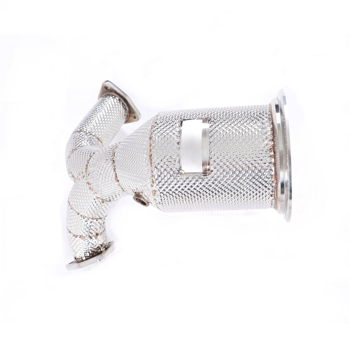 WSTN Performance Audi S5 B9 EA839 high-flow catted downpipe, side profile of the heat-shielded canister and Y-pipe
