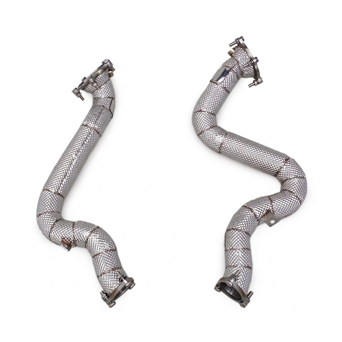 WSTN Performance Audi S6/S7/RS6/RS7 C7 EA824 4.0T catless downpipes, full view of both heat-shielded pipes side by side